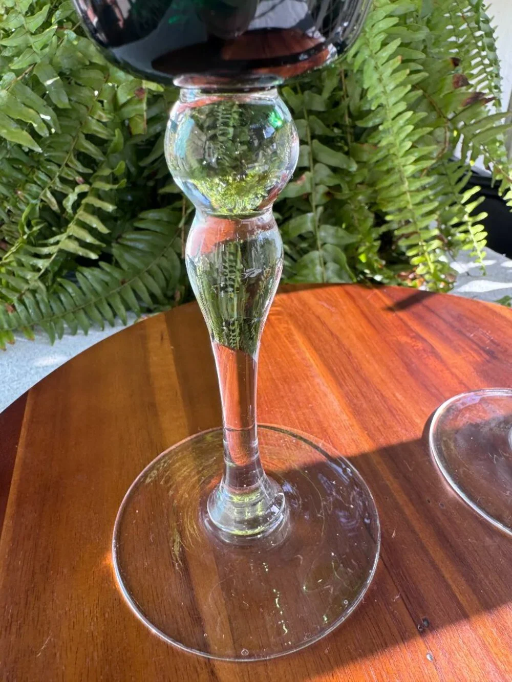 Set of 2 Vintage Emerald Green Wine Glasses, Clear Baluster Stem, Mid Century